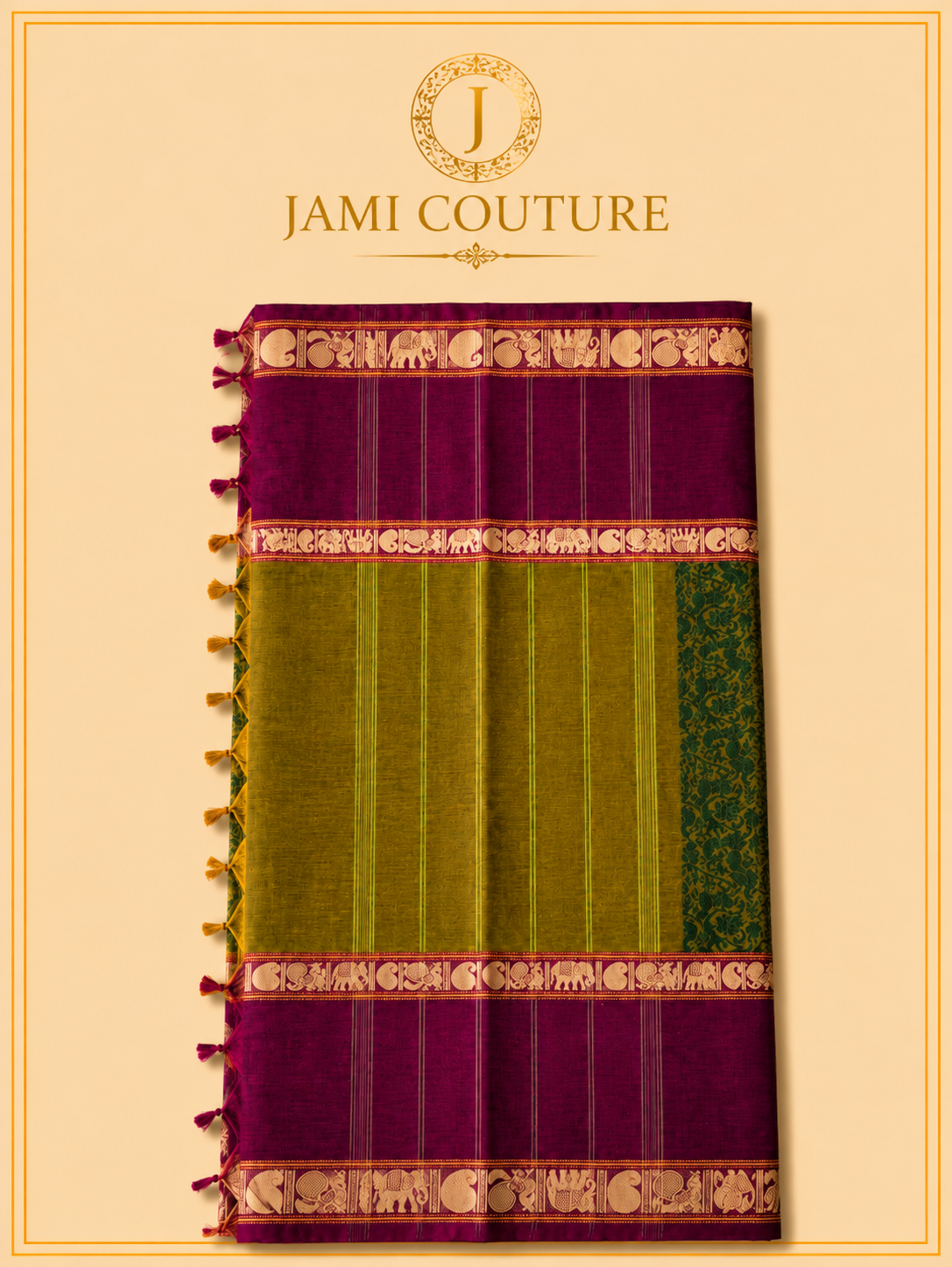Vana Soundaryam – Olive & Wine Dual-Tone Silk Cotton Saree with Elephant Motif Border | Contrast Purple Blouse