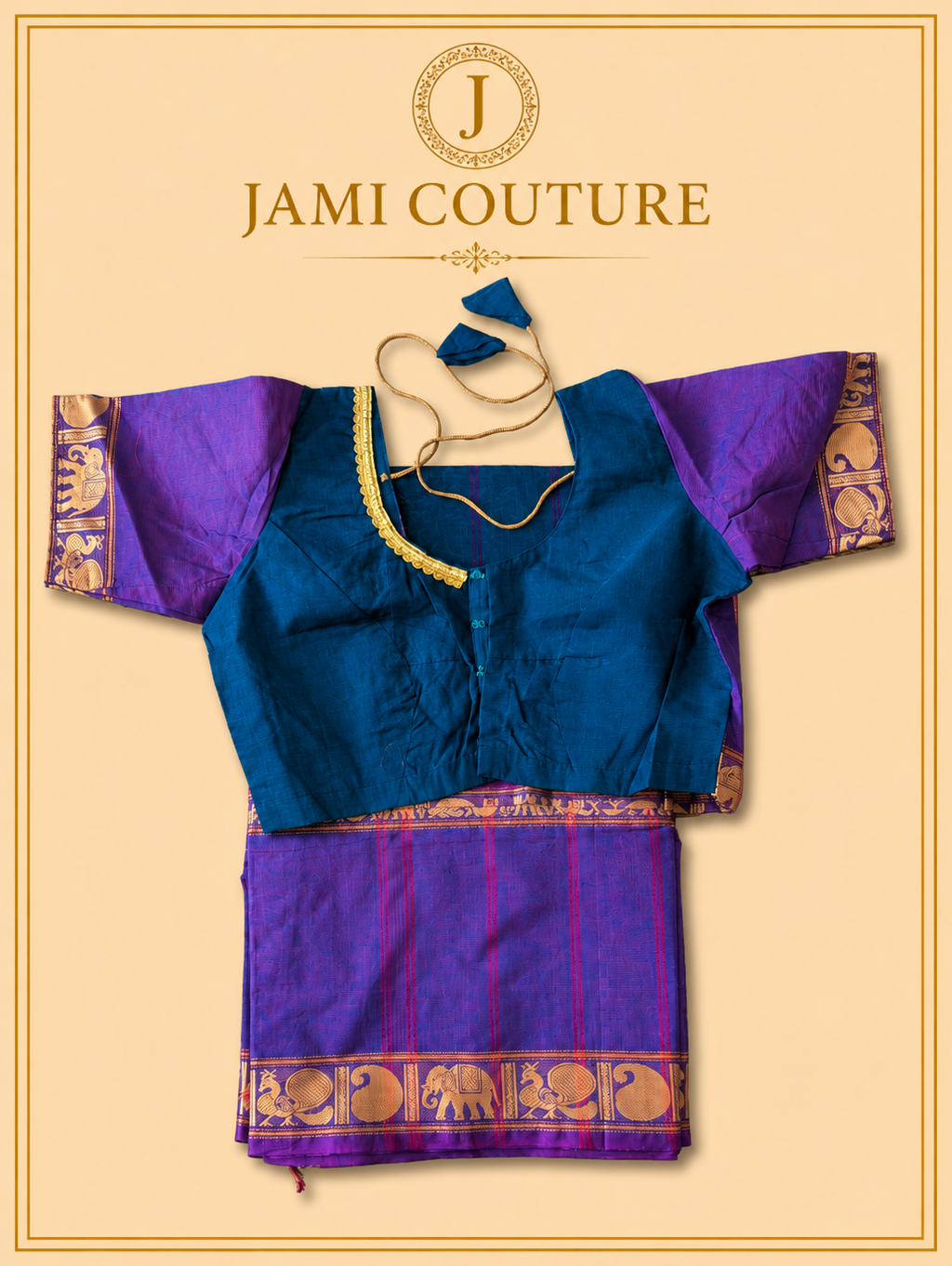 Vana Soundaryam – Purple & Teal Dual-Tone Silk Cotton Saree with Elephant Motif Border | Contrast Teal Blouse