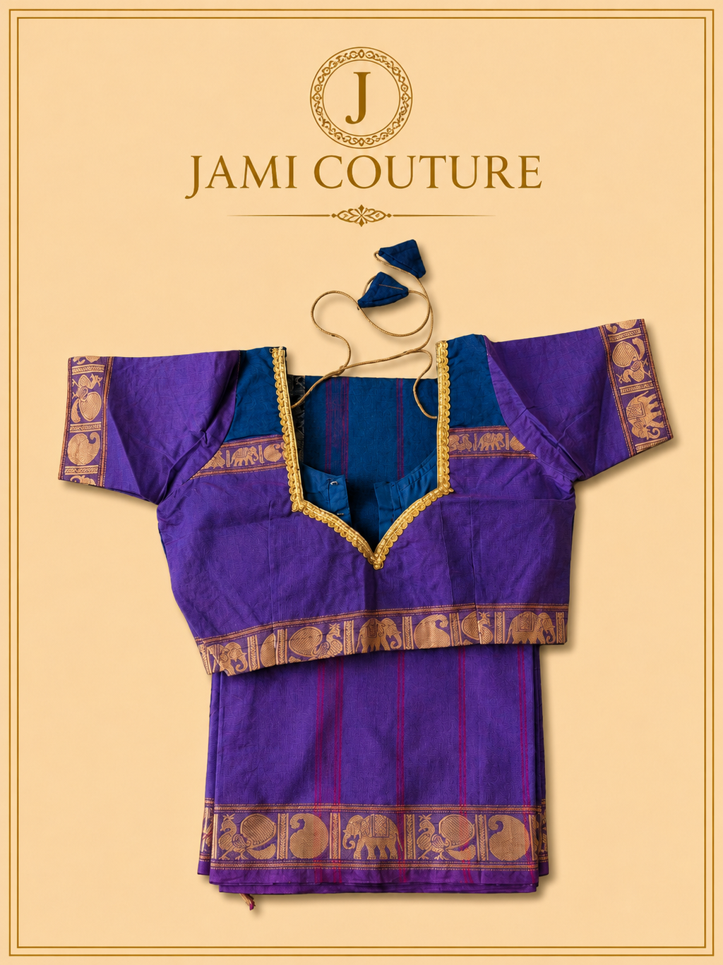 Vana Soundaryam – Purple & Teal Dual-Tone Silk Cotton Saree with Elephant Motif Border | Contrast Teal Blouse