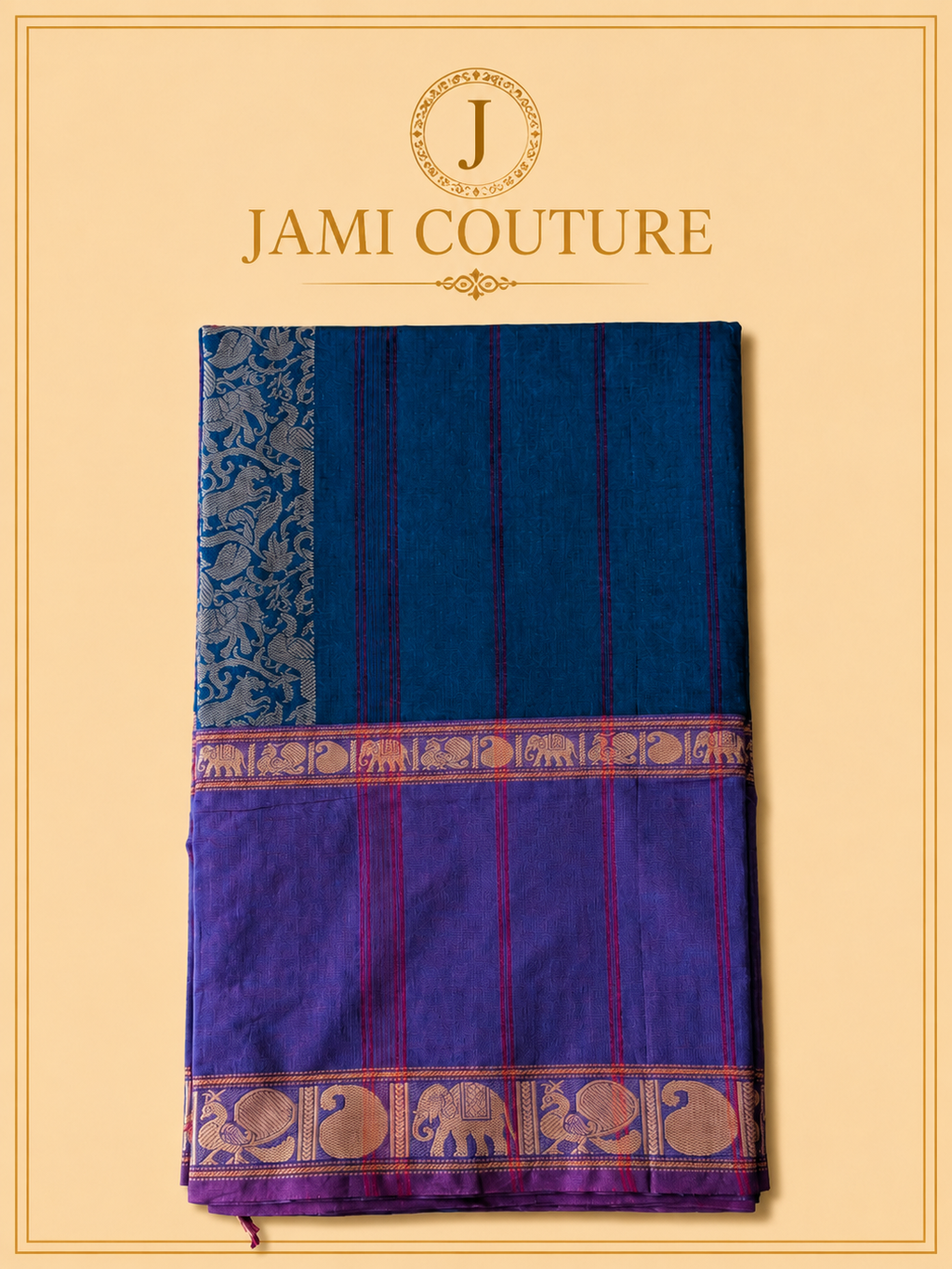 Vana Soundaryam – Purple & Teal Dual-Tone Silk Cotton Saree with Elephant Motif Border | Contrast Teal Blouse