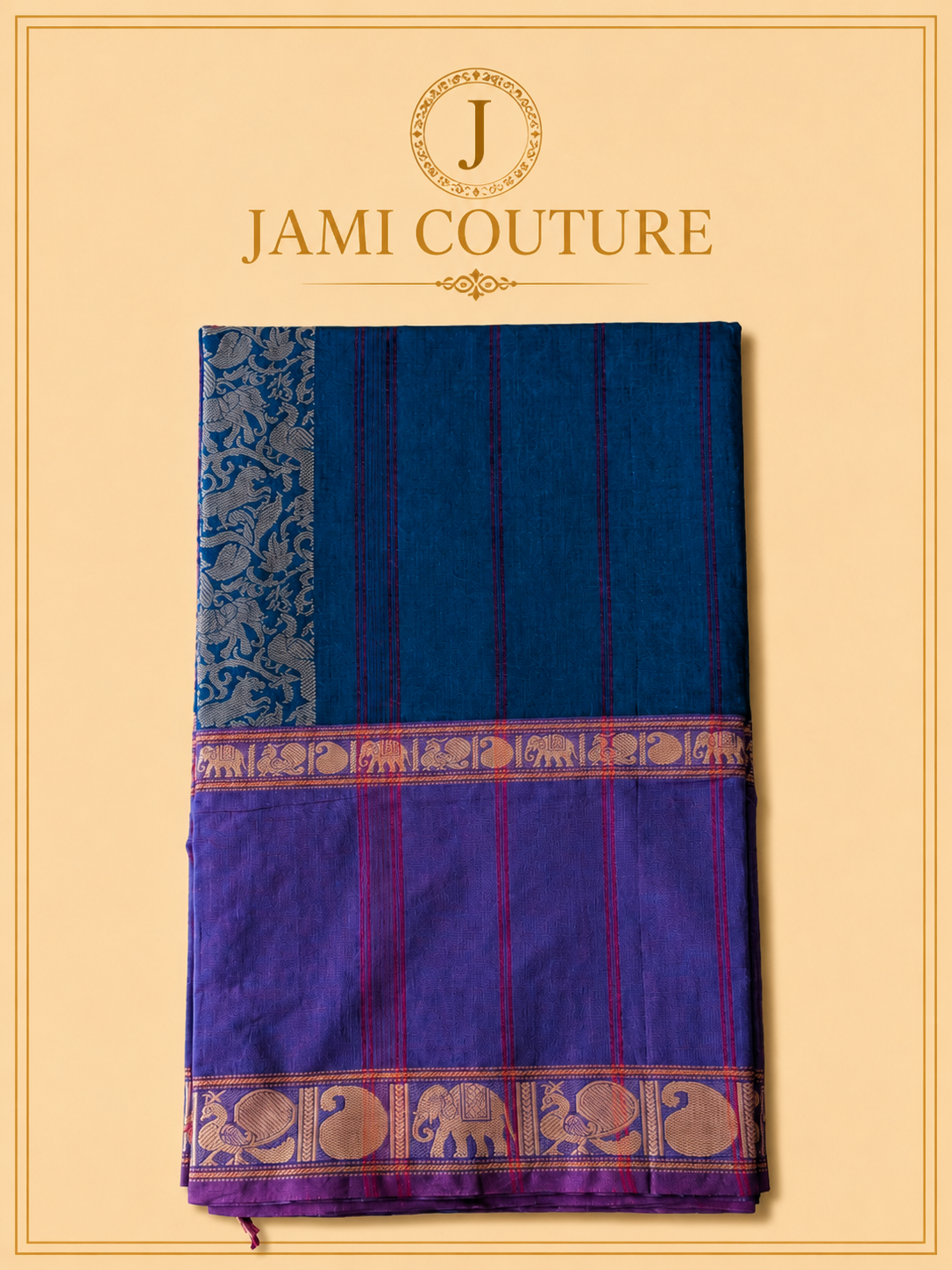 Vana Soundaryam – Purple & Teal Dual-Tone Silk Cotton Saree with Elephant Motif Border | Contrast Teal Blouse