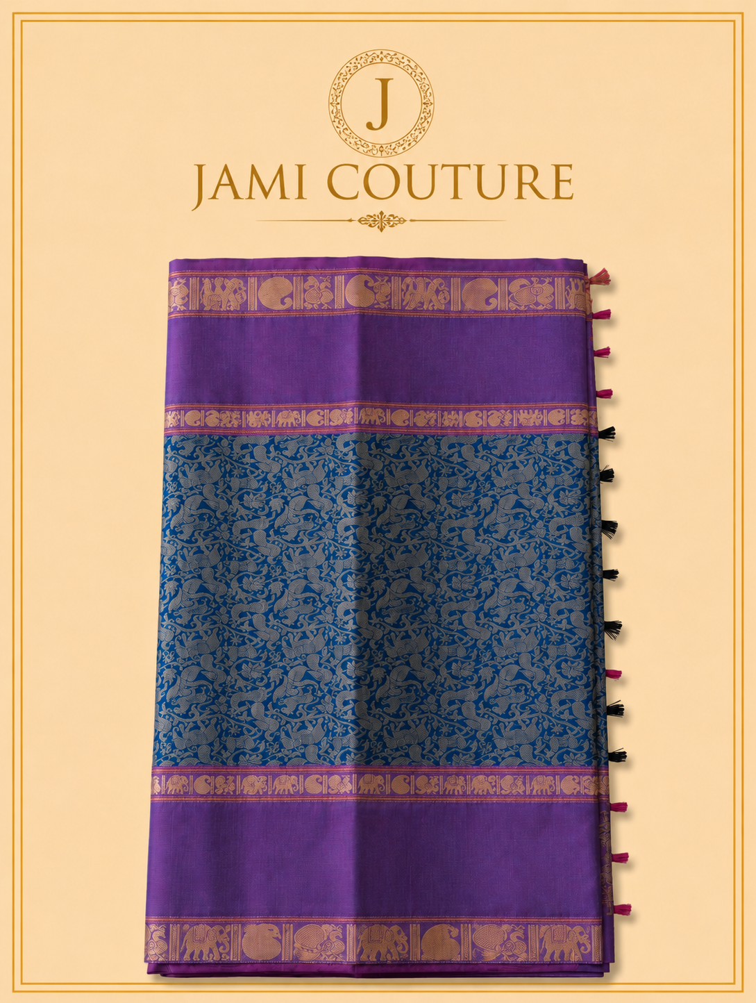 Vana Soundaryam – Purple & Teal Dual-Tone Silk Cotton Saree with Elephant Motif Border | Contrast Teal Blouse