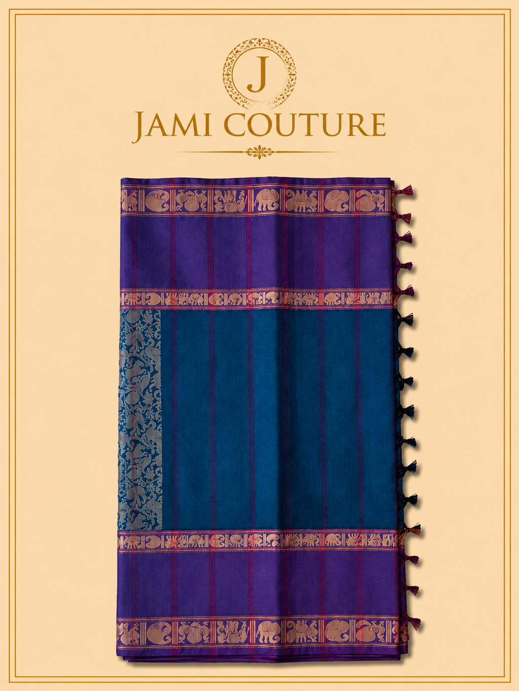 Vana Soundaryam – Purple & Teal Dual-Tone Silk Cotton Saree with Elephant Motif Border | Contrast Teal Blouse