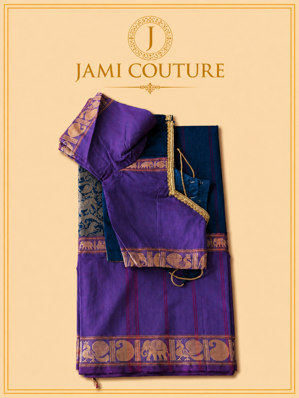 Vana Soundaryam – Purple & Teal Dual-Tone Silk Cotton Saree with Elephant Motif Border | Contrast Teal Blouse