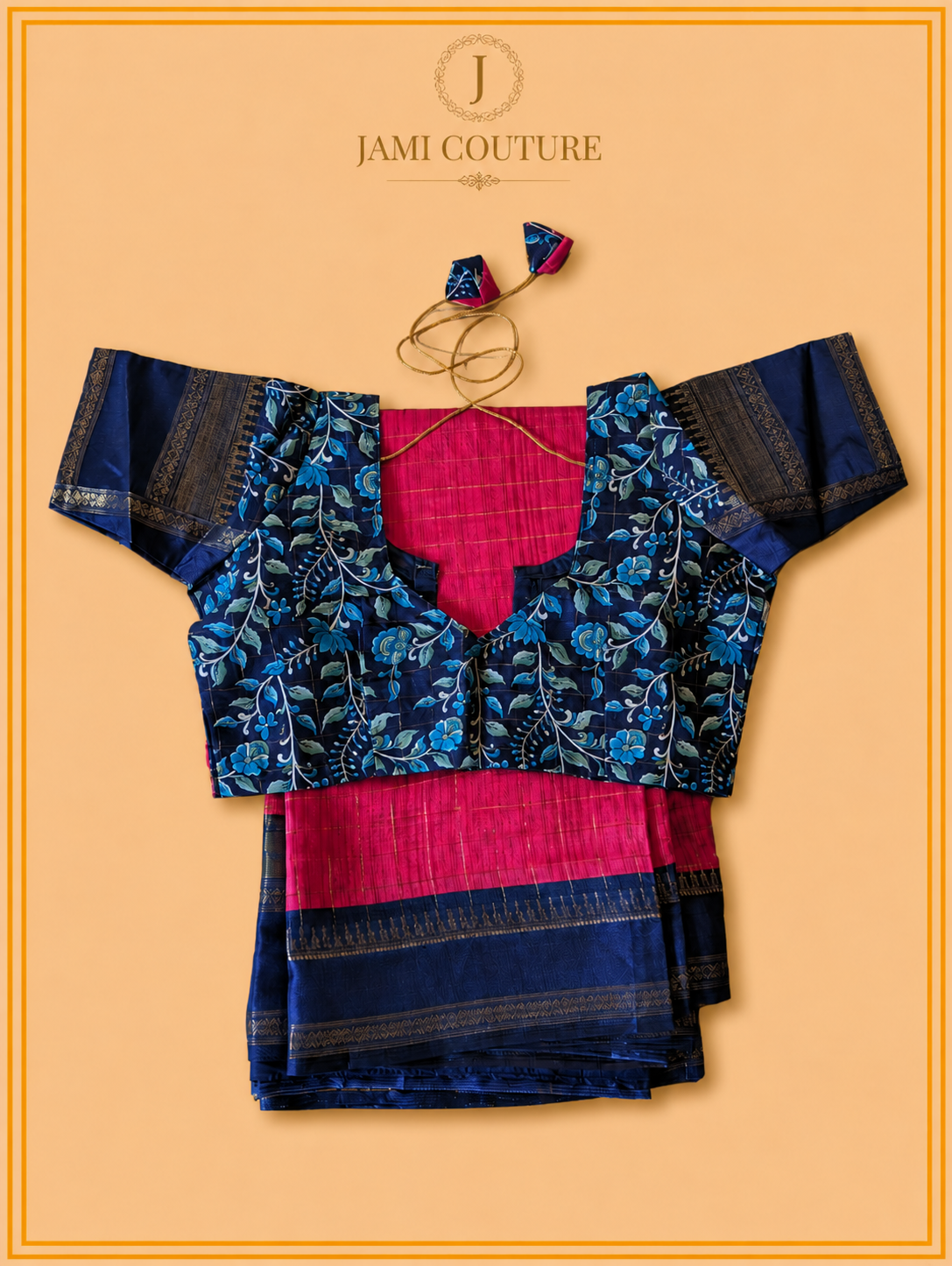 Pink & Navy Handloom Saree with Kalamkari Print Pallu | Navy Floral Blouse