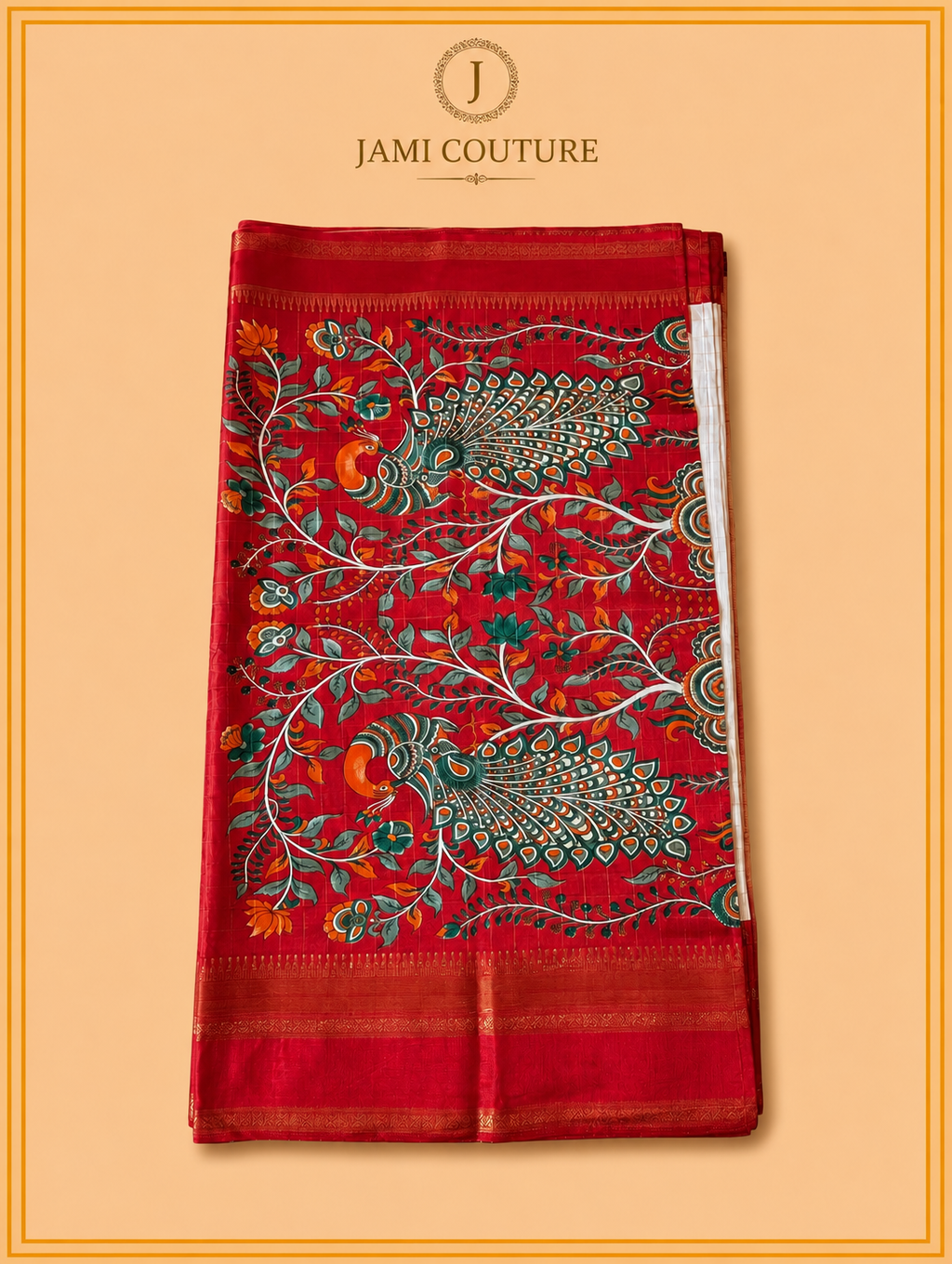 Ivory & Red Handloom Saree with Kalamkari Print Pallu | Red Floral Blouse