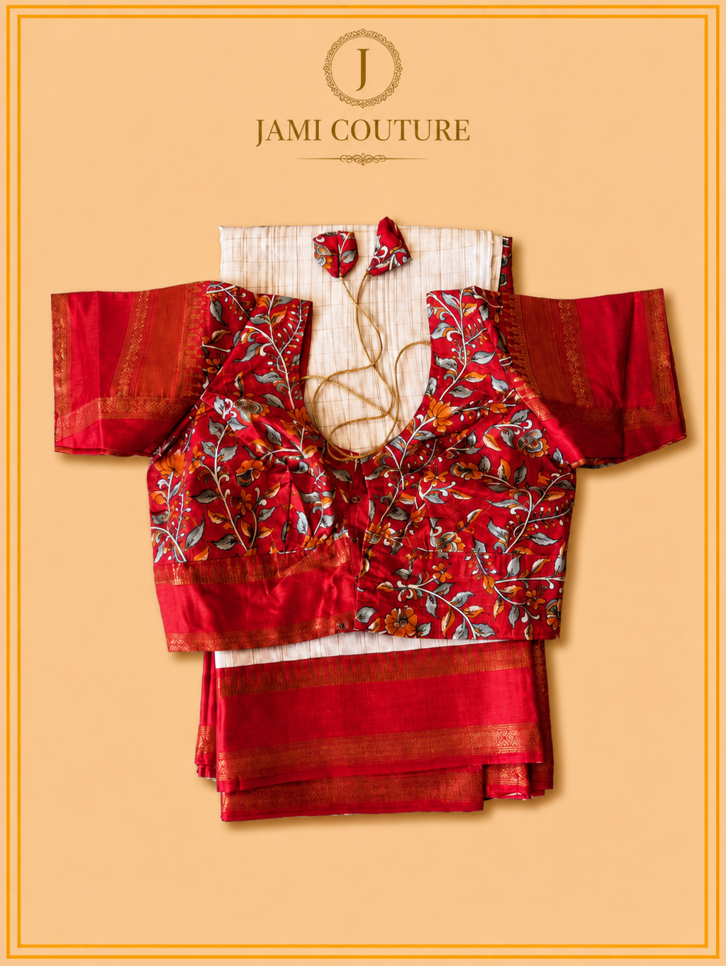 Ivory & Red Handloom Saree with Kalamkari Print Pallu | Red Floral Blouse