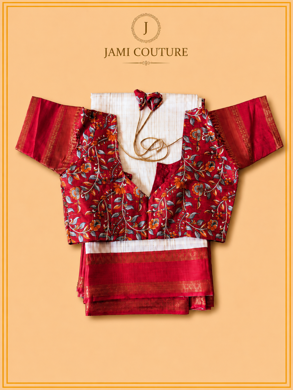 Ivory & Red Handloom Saree with Kalamkari Print Pallu | Red Floral Blouse