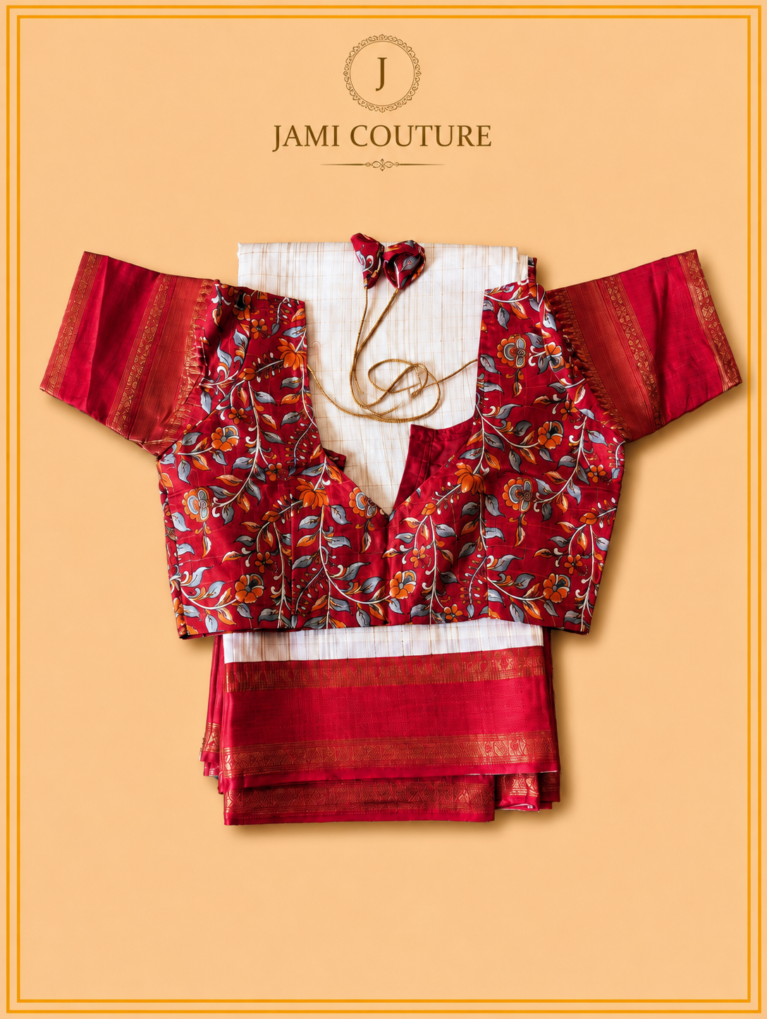Ivory & Red Handloom Saree with Kalamkari Print Pallu | Red Floral Blouse