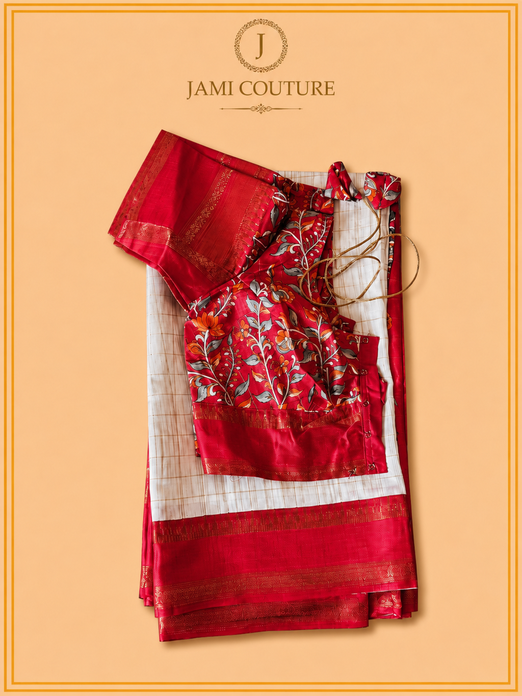 Ivory & Red Handloom Saree with Kalamkari Print Pallu | Red Floral Blouse