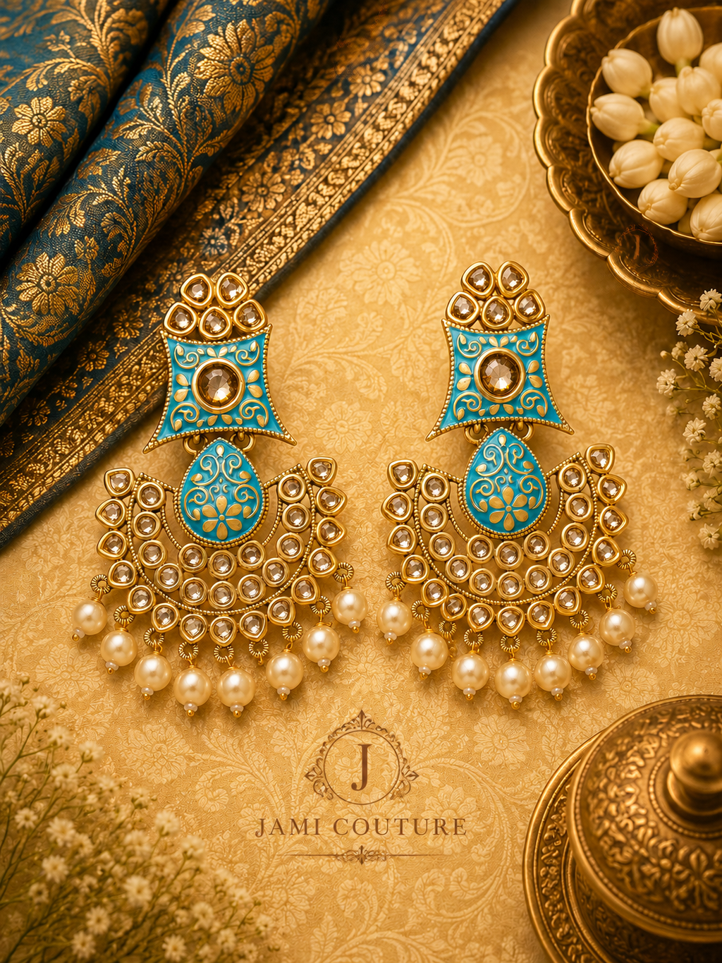 Turquoise Kundan Chandbali Earrings with Pearl Drops