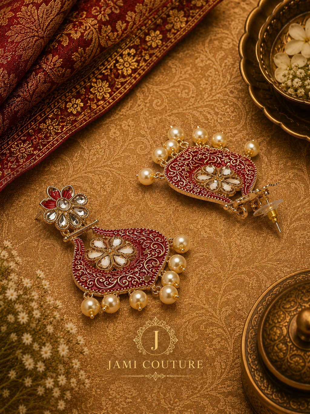 Floral Red Enamel Statement Earrings with Pearl Drops
