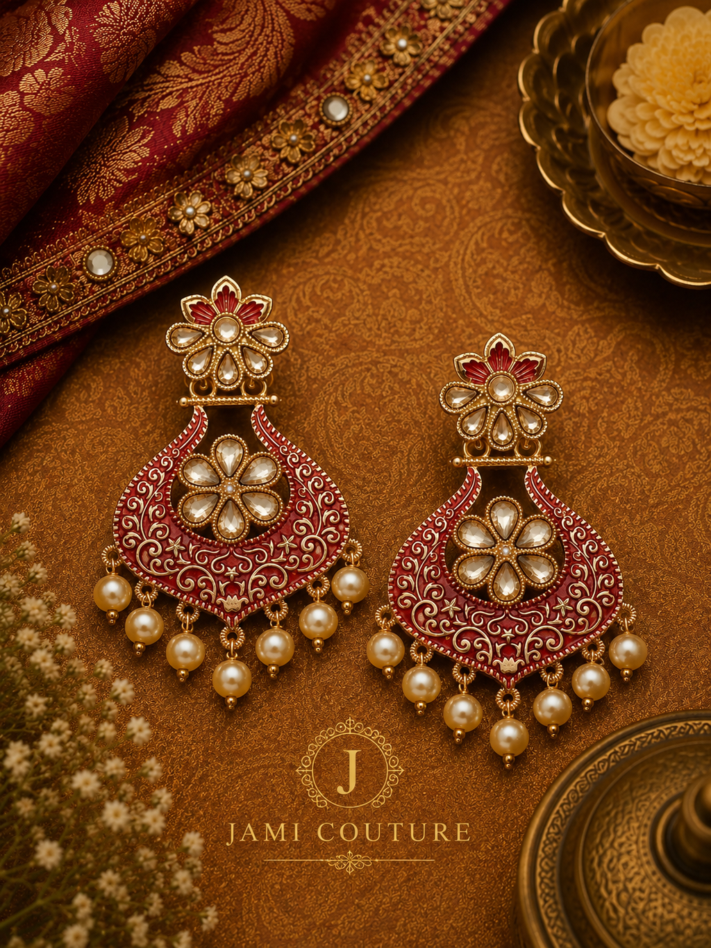 Floral Red Enamel Statement Earrings with Pearl Drops