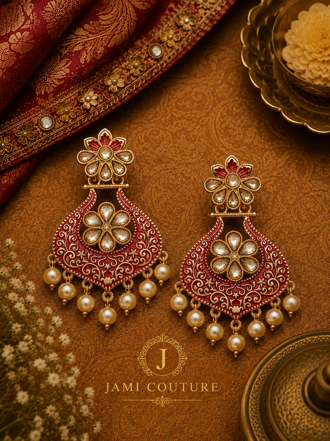 Floral Red Enamel Statement Earrings with Pearl Drops