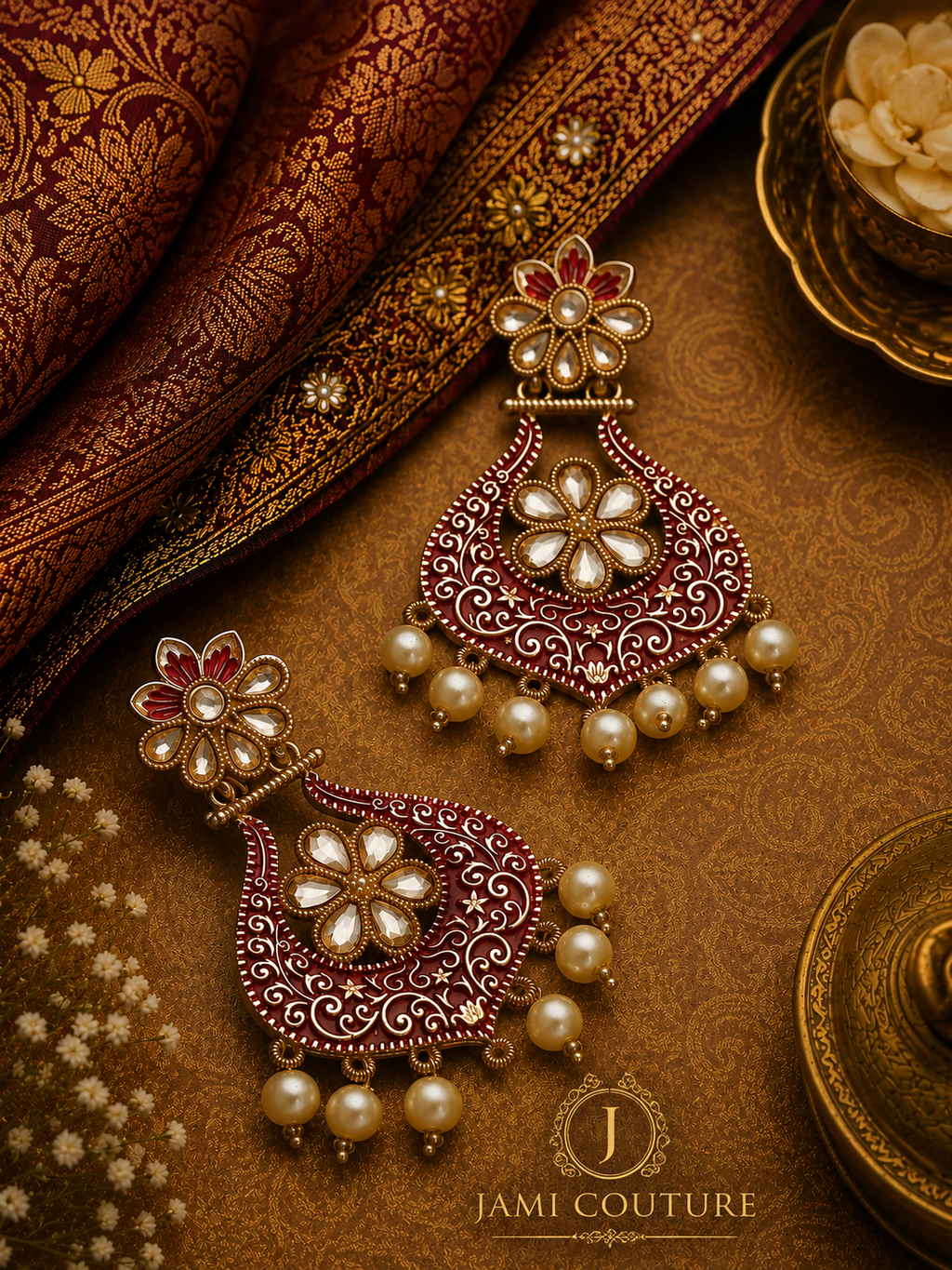 Floral Red Enamel Statement Earrings with Pearl Drops