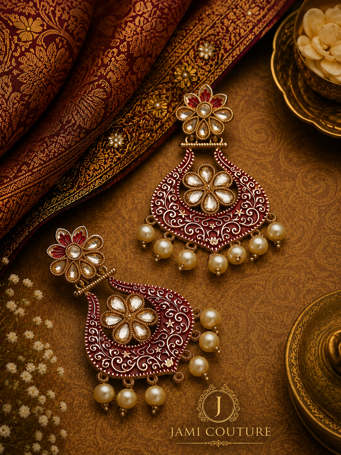 Floral Red Enamel Statement Earrings with Pearl Drops