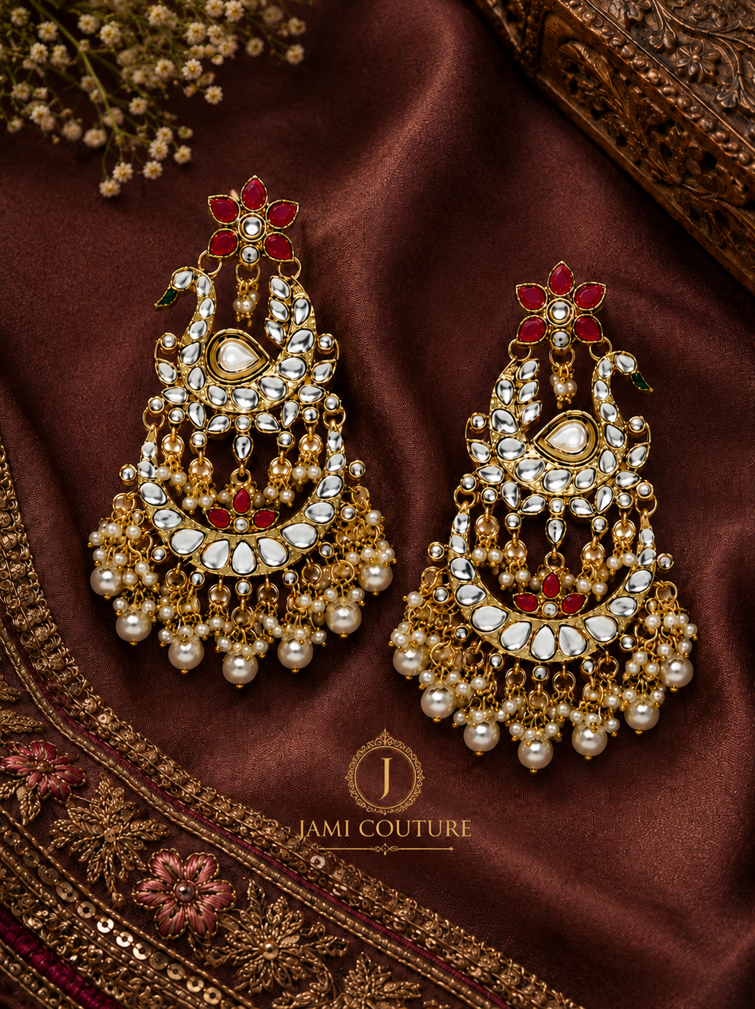 Peacock Kundan Chandbali Earrings with Pearl Drops