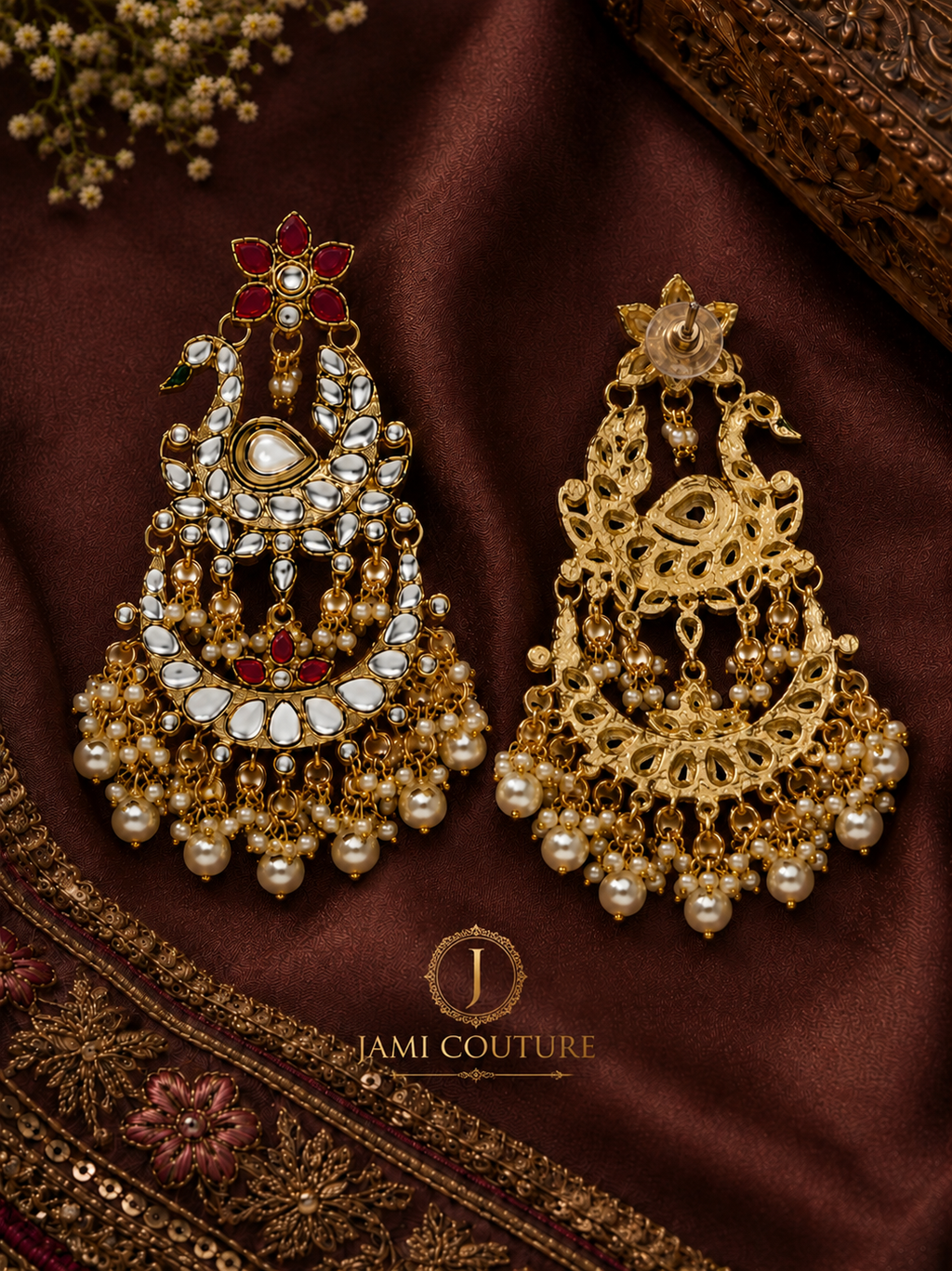 Peacock Kundan Chandbali Earrings with Pearl Drops