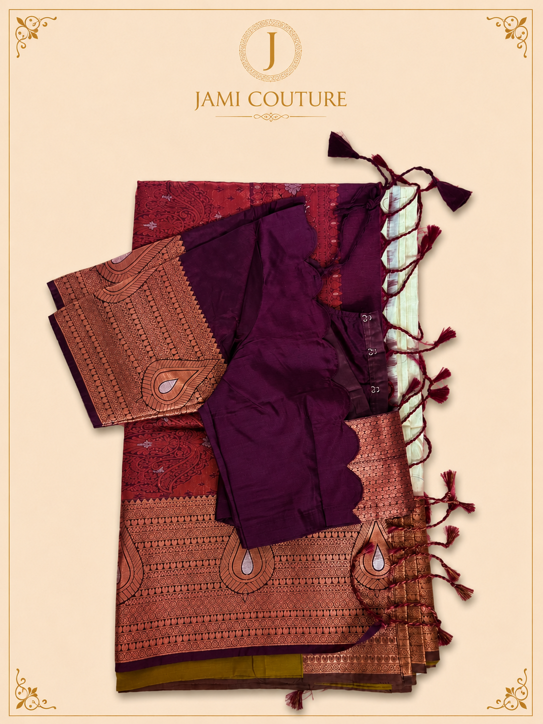 Pearl Sage & Wine Handloom Silk Saree with Stitched matching blouse