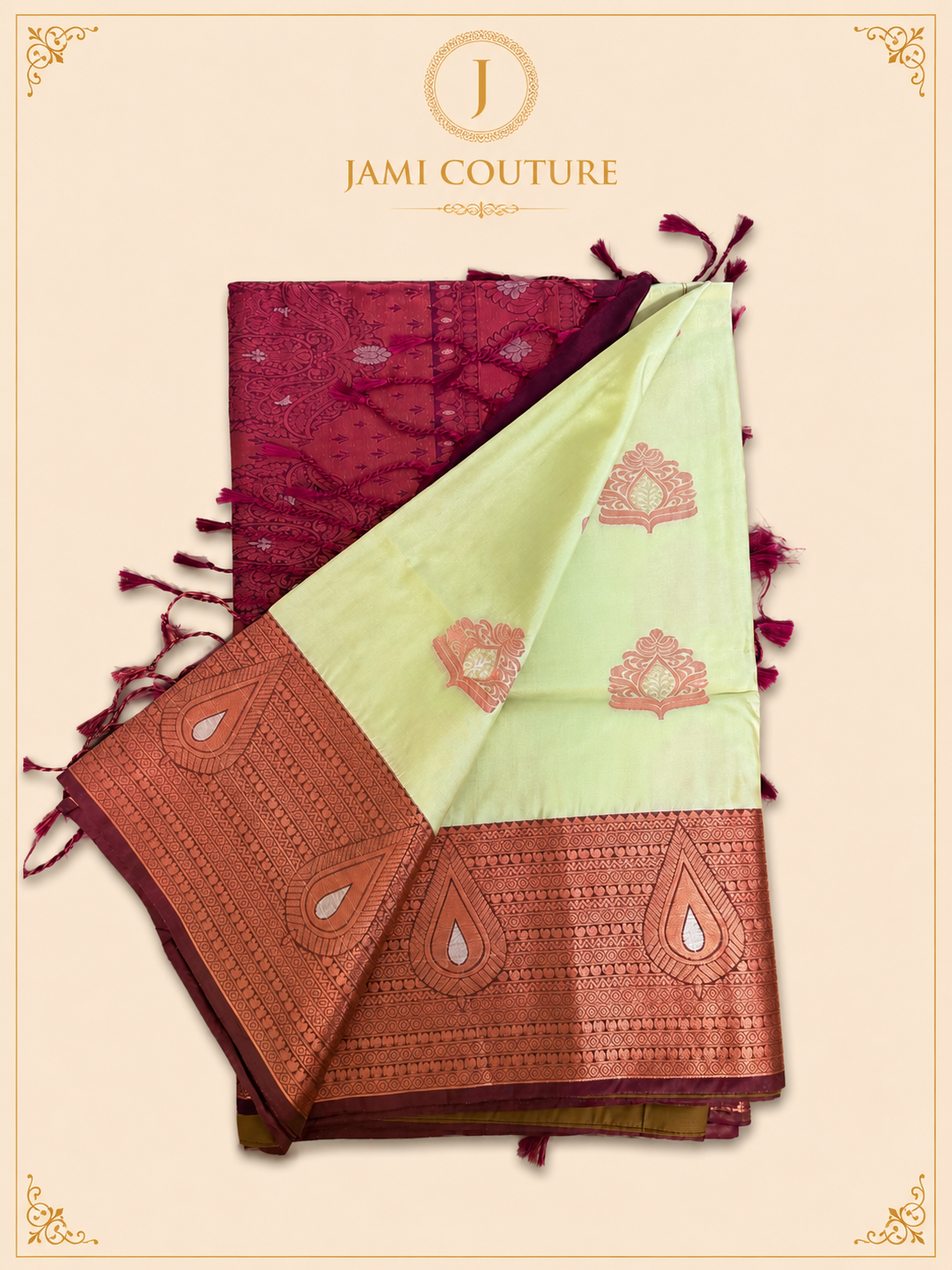 Pearl Sage & Wine Handloom Silk Saree with Stitched matching blouse