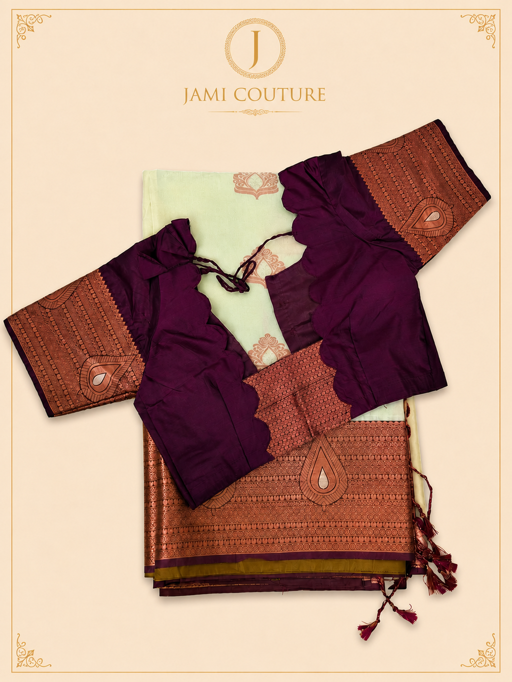 Pearl Sage & Wine Handloom Silk Saree with Stitched matching blouse
