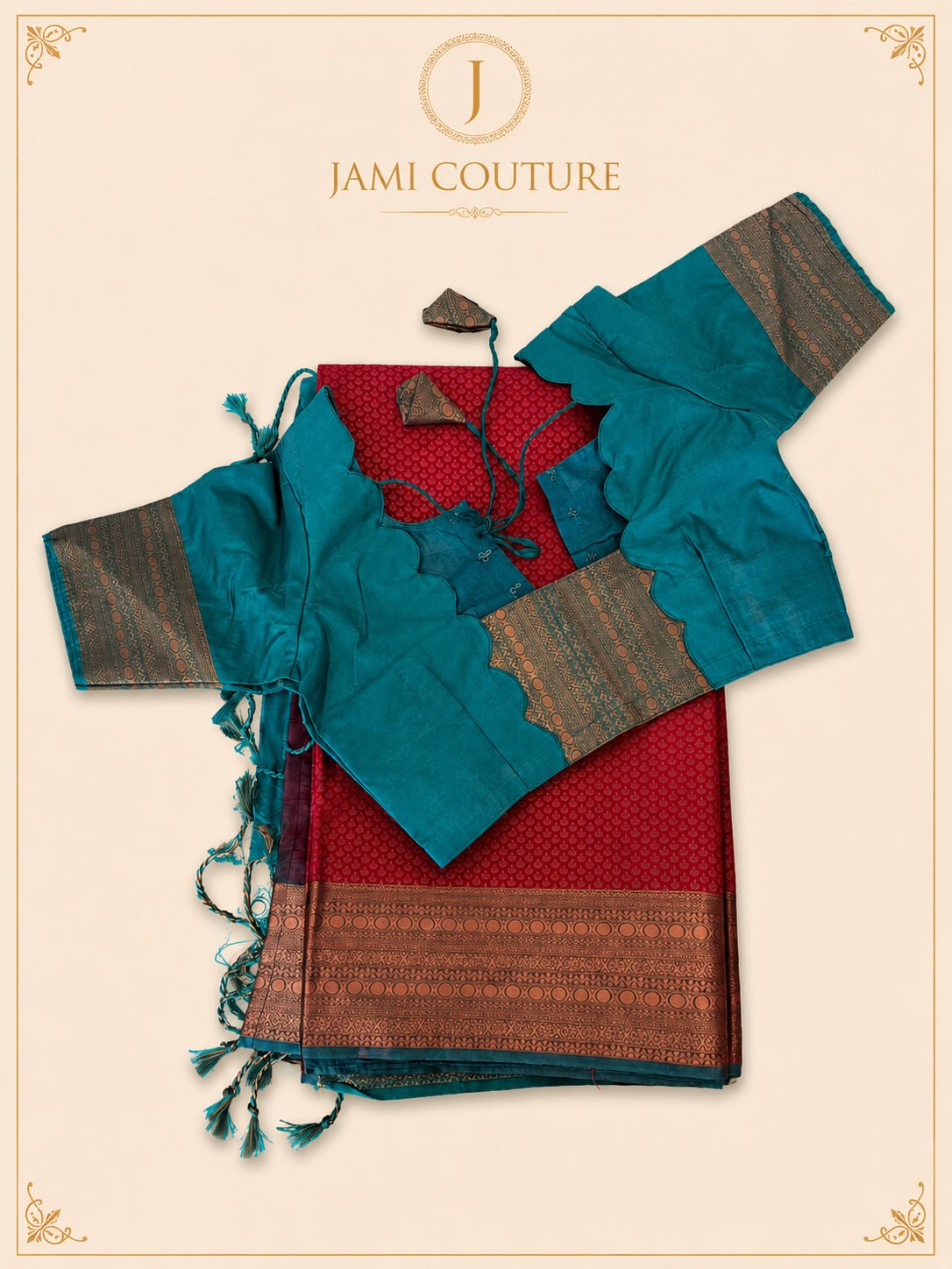 Stunning Red & Teal Dual Tone Handloom Silk Saree  with stitched matching blouse
