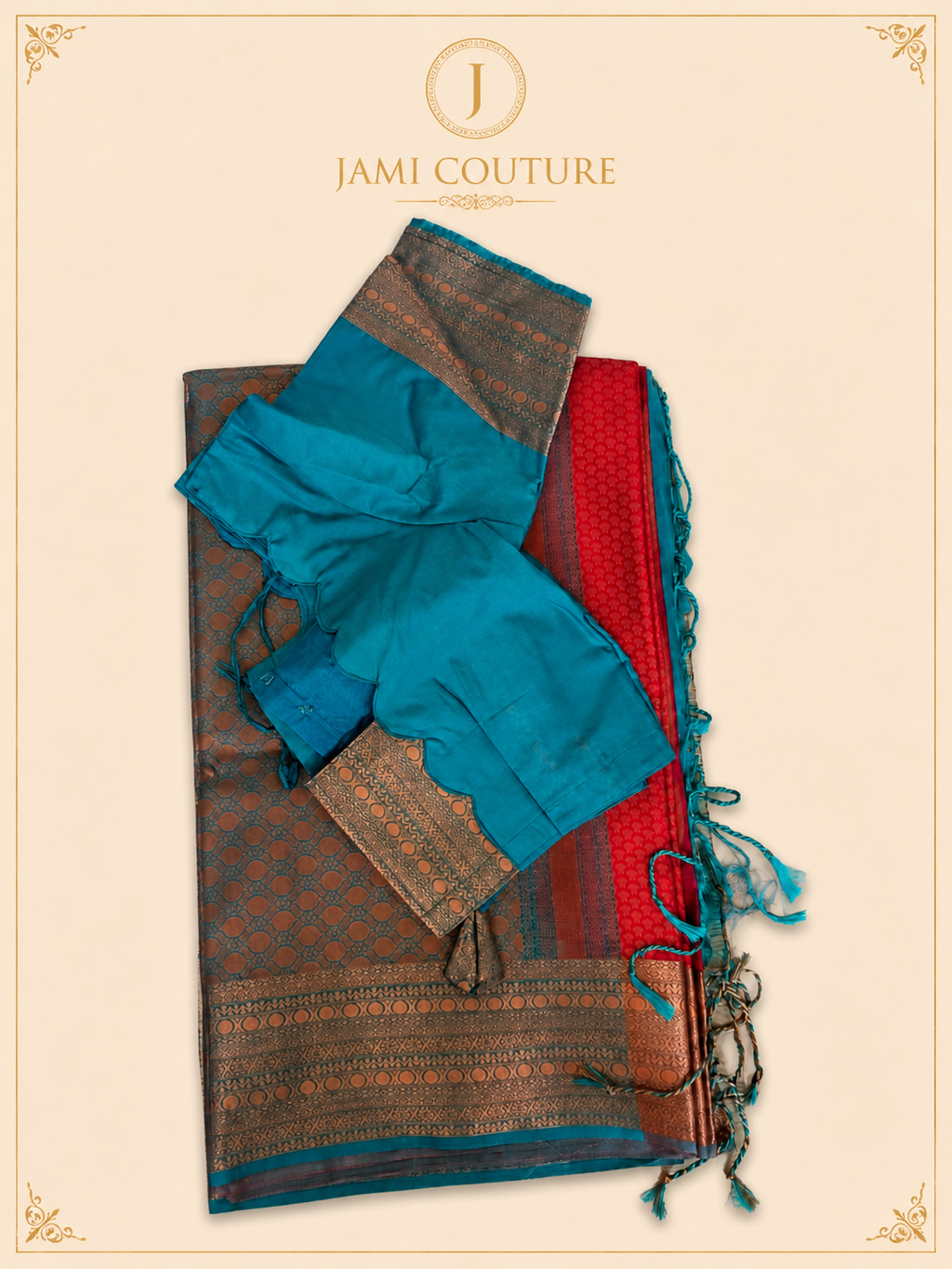 Stunning Red & Teal Dual Tone Handloom Silk Saree  with stitched matching blouse
