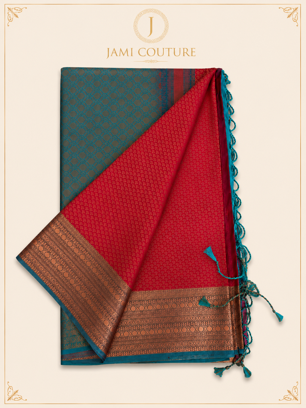 Stunning Red & Teal Dual Tone Handloom Silk Saree  with stitched matching blouse