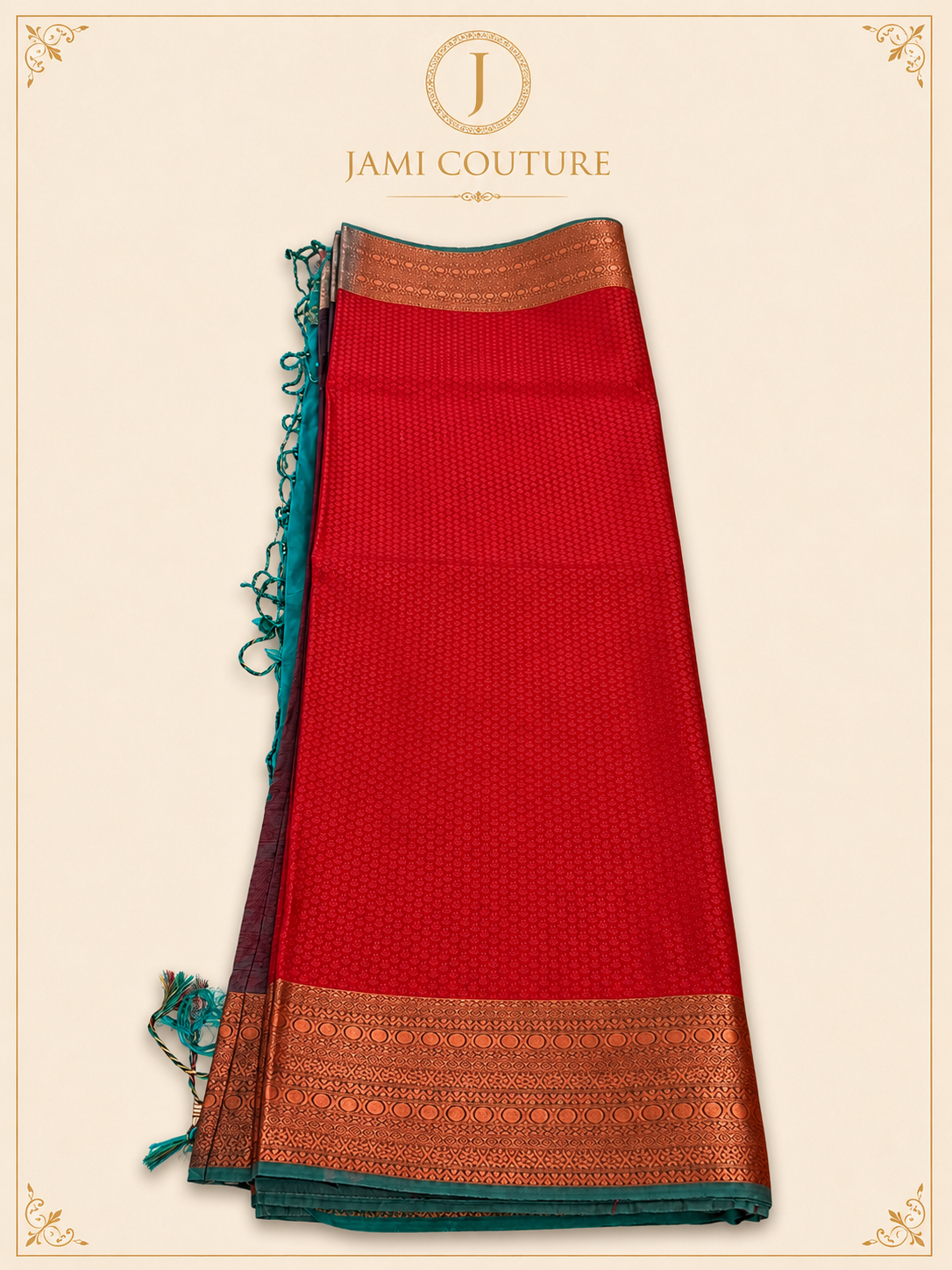 Stunning Red & Teal Dual Tone Handloom Silk Saree  with stitched matching blouse