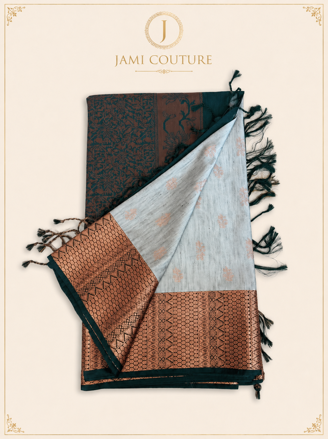 Gorgeous Emerald green & Copper Handloom Silk Saree Comes with a beautifully stitched matching blouse