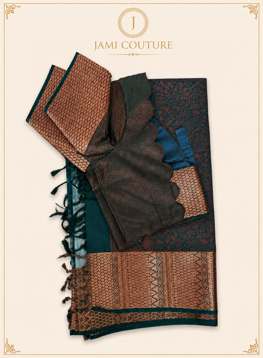Gorgeous Emerald green & Copper Handloom Silk Saree Comes with a beautifully stitched matching blouse