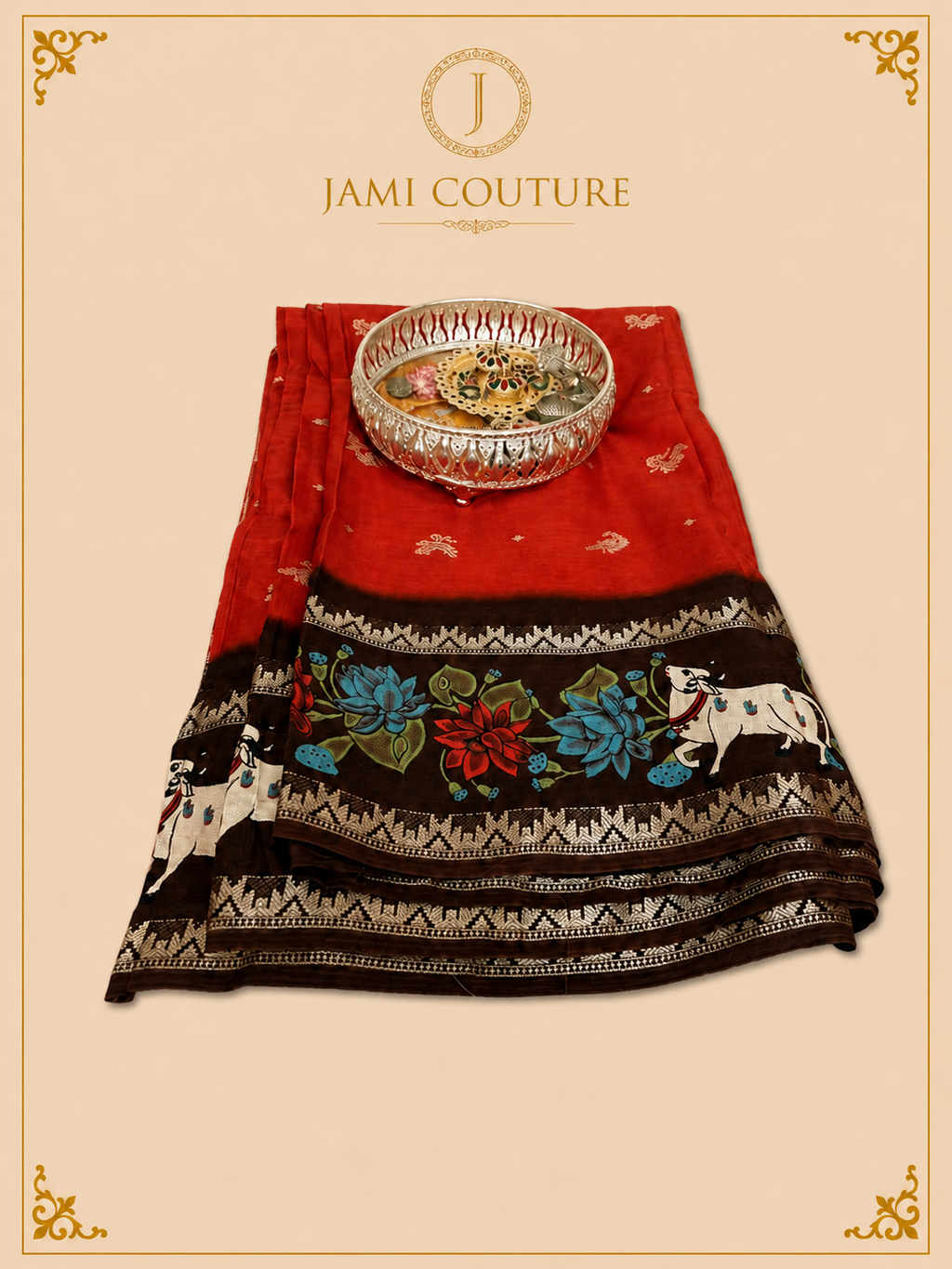 Red & Brown Silk Cotton Saree with Pichwai Cow & Lotus Border | Ready-Stitched Blouse