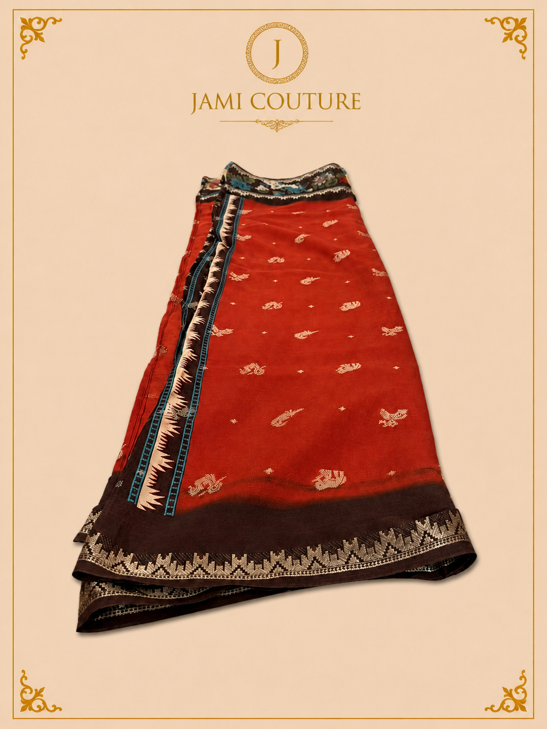 Red & Brown Silk Cotton Saree with Pichwai Cow & Lotus Border | Ready-Stitched Blouse