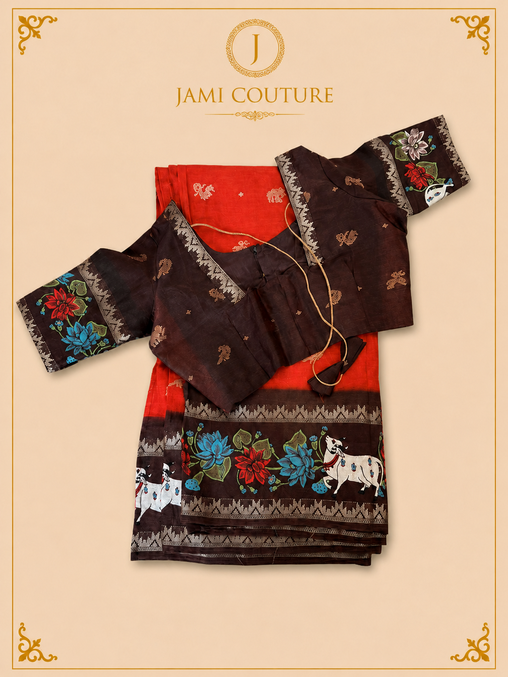 Red & Brown Silk Cotton Saree with Pichwai Cow & Lotus Border | Ready-Stitched Blouse