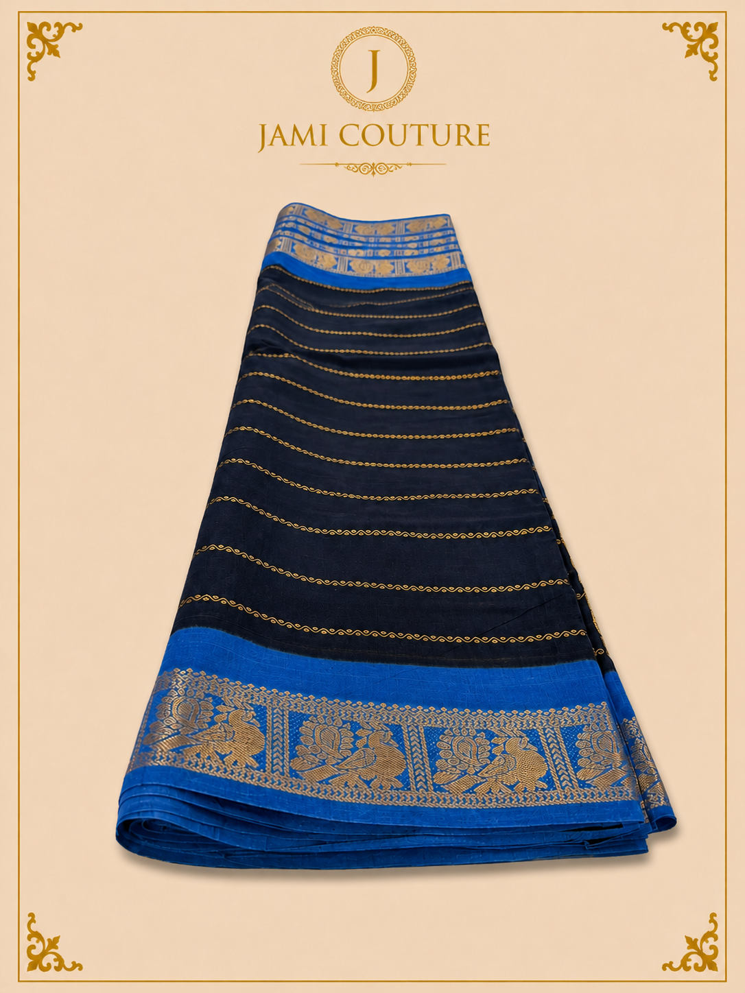 Royal Blue Silk Cotton Saree with Peacock Motif Border | Ready-Stitched Blouse
