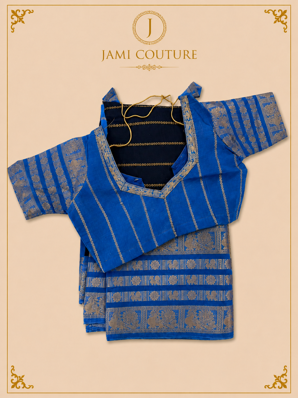 Royal Blue Silk Cotton Saree with Peacock Motif Border | Ready-Stitched Blouse