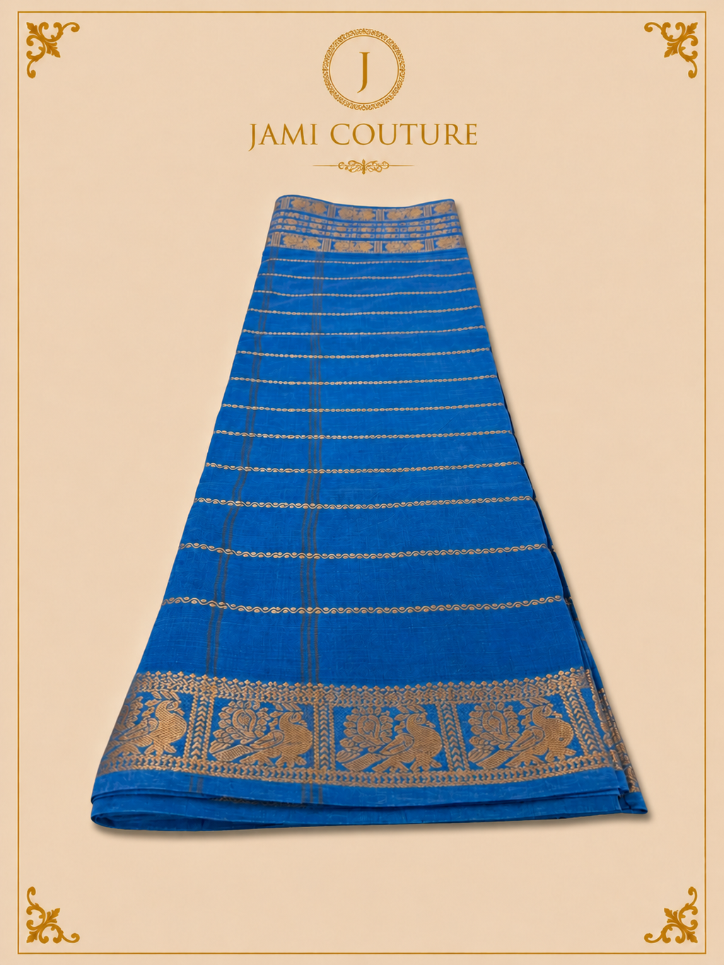 Royal Blue Silk Cotton Saree with Peacock Motif Border | Ready-Stitched Blouse