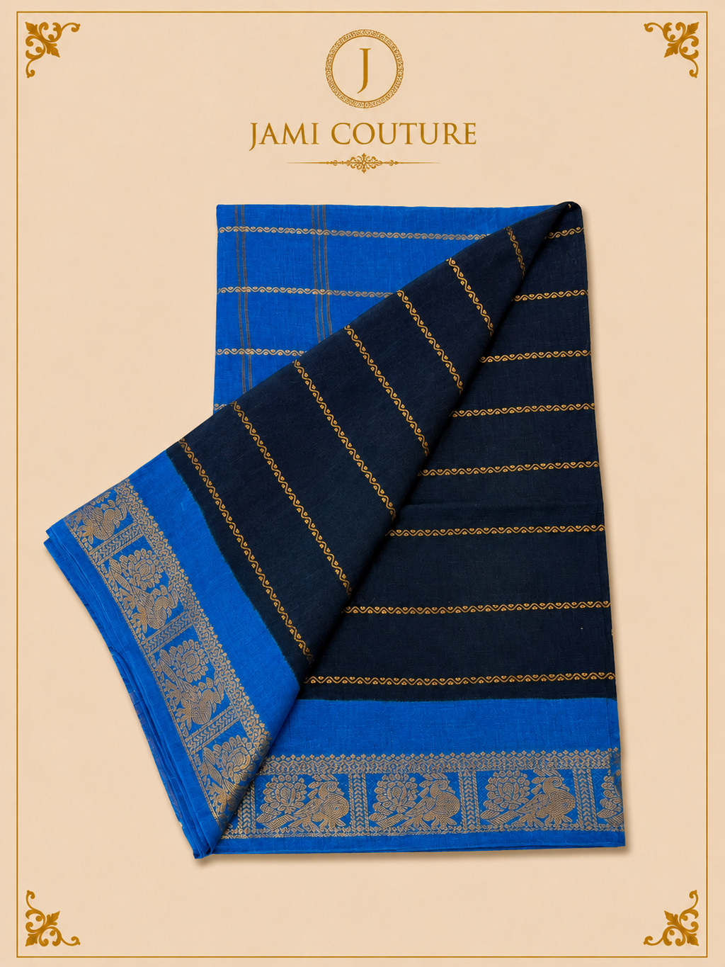 Royal Blue Silk Cotton Saree with Peacock Motif Border | Ready-Stitched Blouse