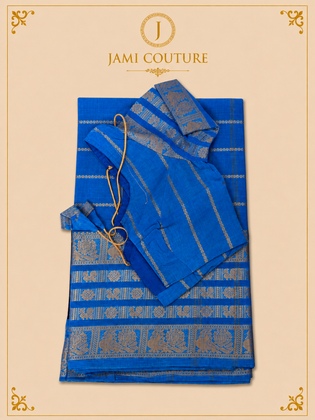 Royal Blue Silk Cotton Saree with Peacock Motif Border | Ready-Stitched Blouse