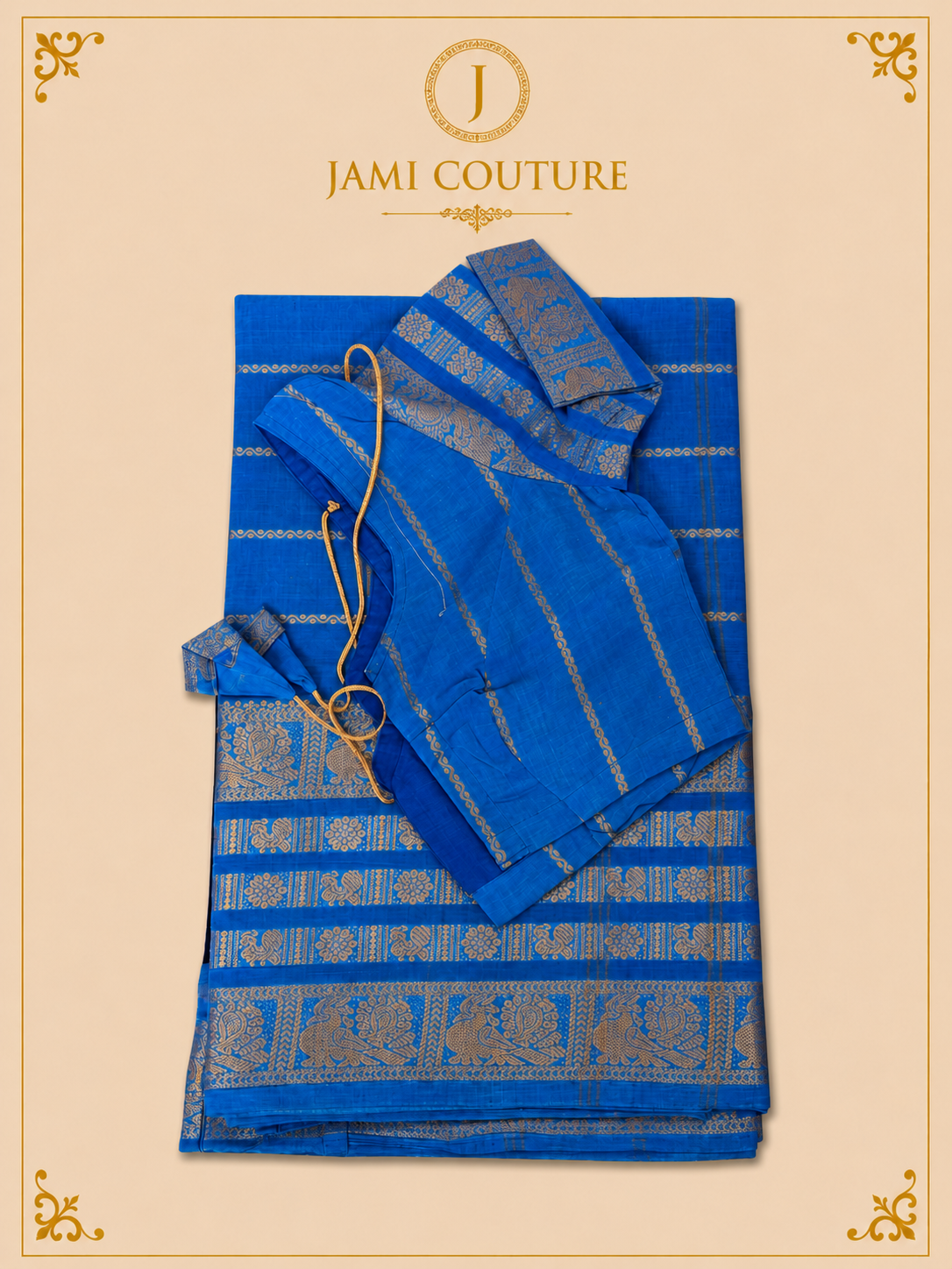 Royal Blue Silk Cotton Saree with Peacock Motif Border | Ready-Stitched Blouse