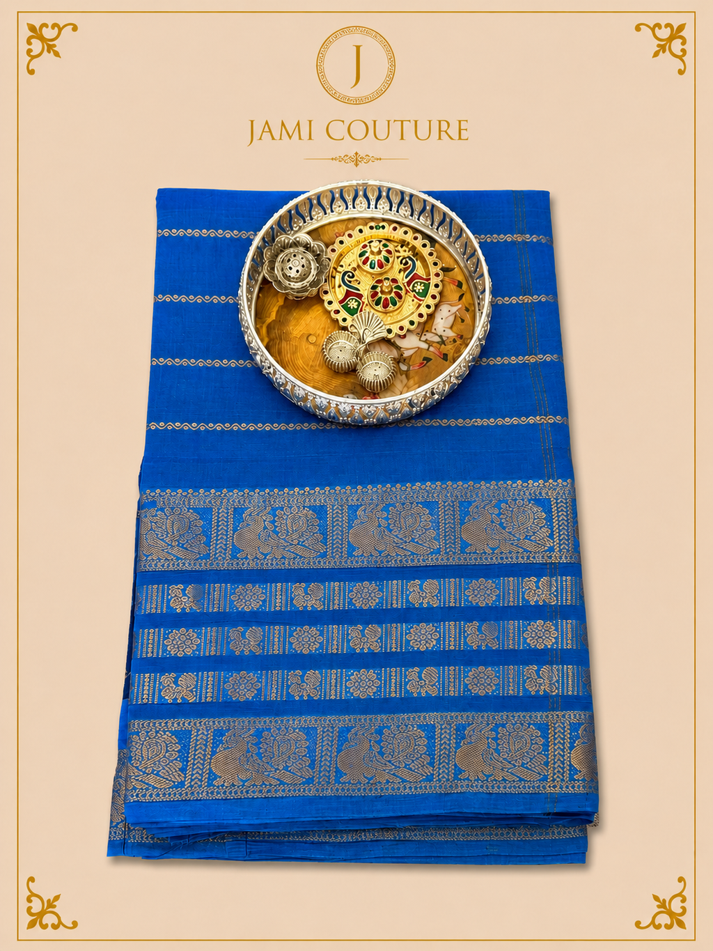 Royal Blue Silk Cotton Saree with Peacock Motif Border | Ready-Stitched Blouse