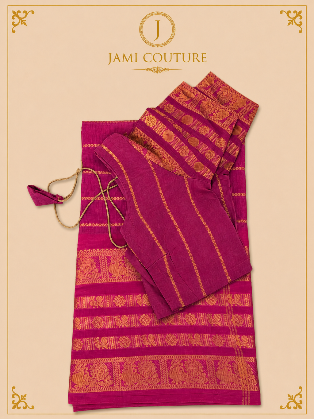 Magenta Pink & Brown Silk Cotton Saree with Golden Peacock Border | Ready-Stitched Blouse