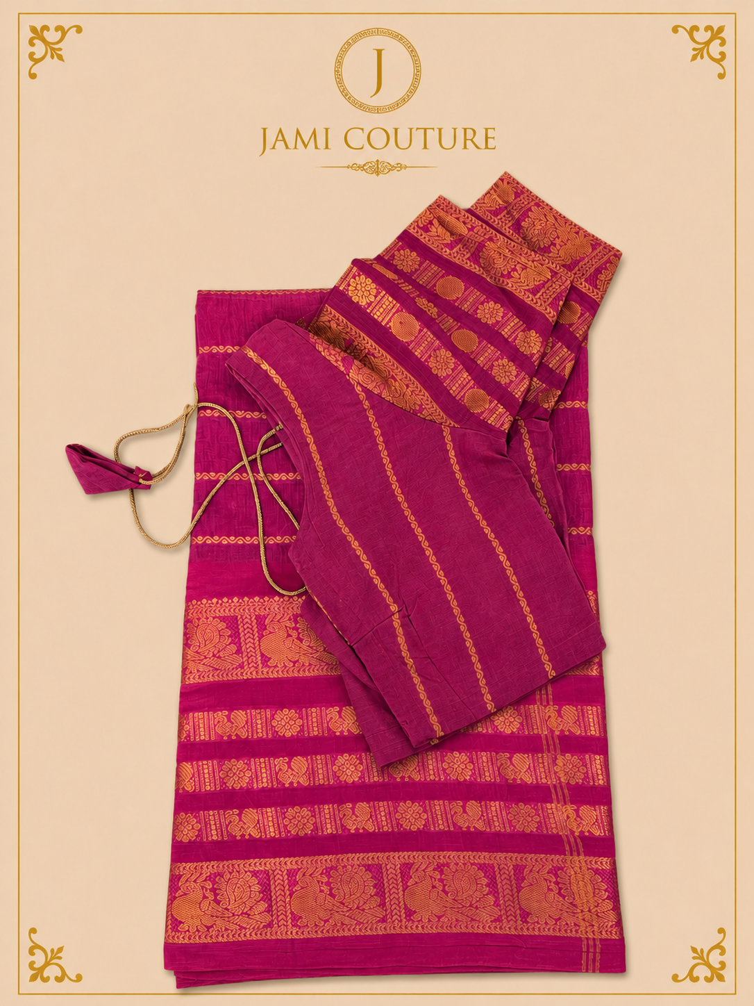 Magenta Pink & Brown Silk Cotton Saree with Golden Peacock Border | Ready-Stitched Blouse