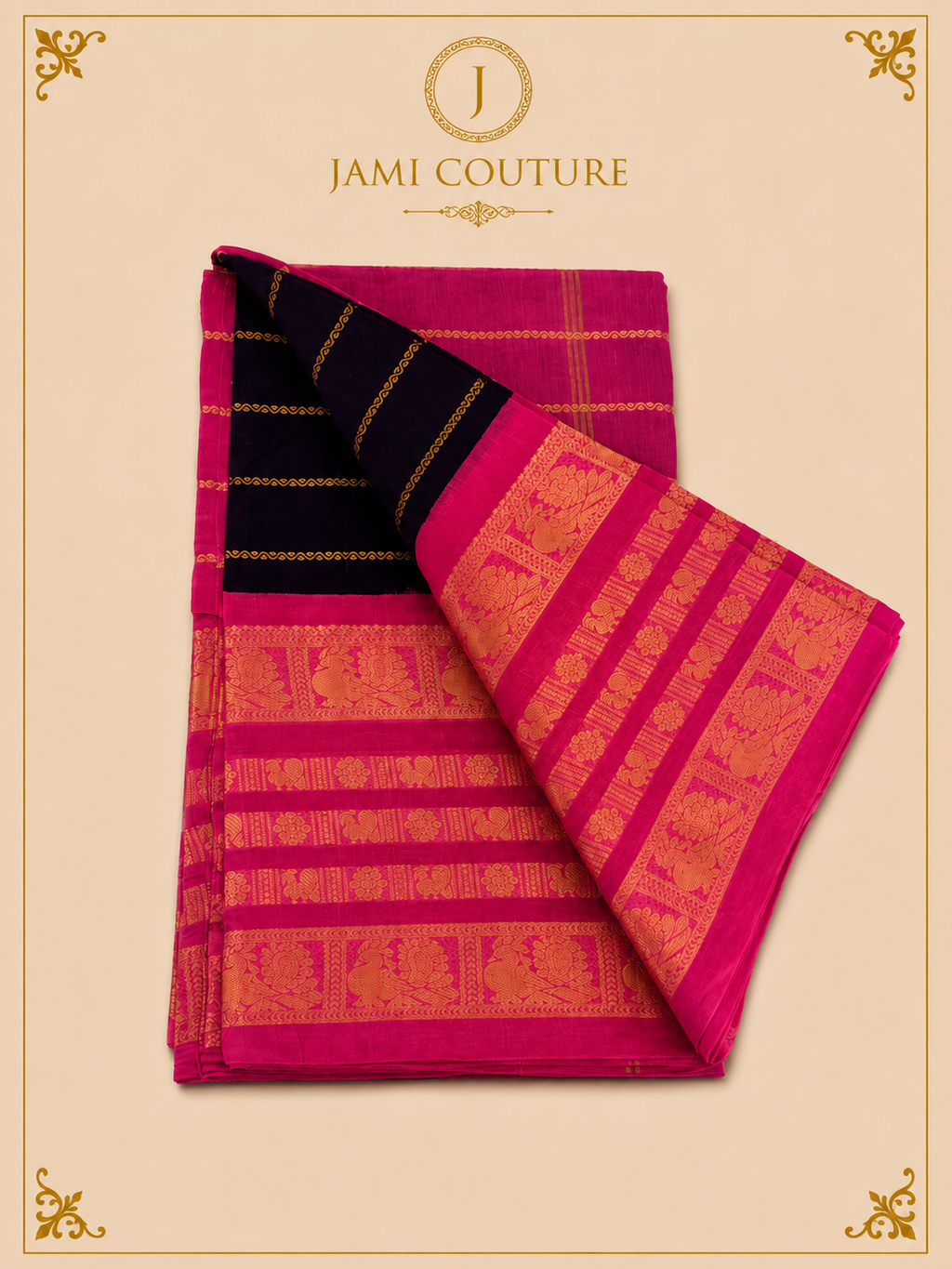 Magenta Pink & Brown Silk Cotton Saree with Golden Peacock Border | Ready-Stitched Blouse