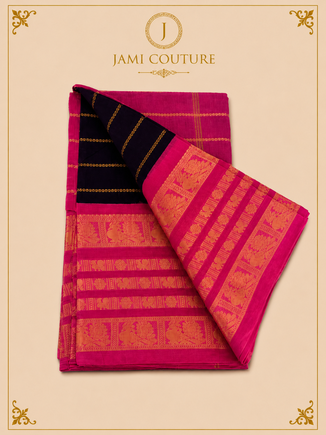 Magenta Pink & Brown Silk Cotton Saree with Golden Peacock Border | Ready-Stitched Blouse