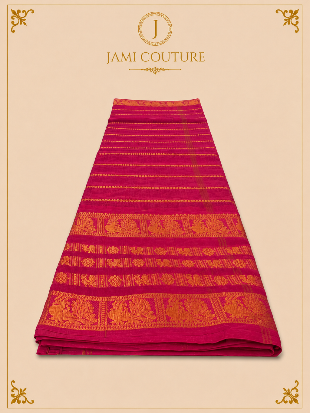 Magenta Pink & Brown Silk Cotton Saree with Golden Peacock Border | Ready-Stitched Blouse