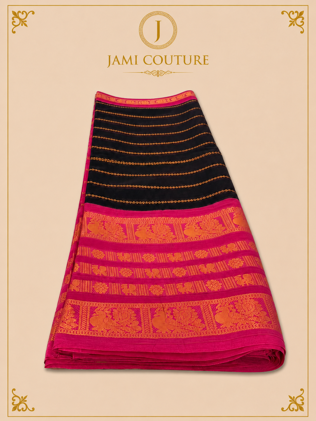 Magenta Pink & Brown Silk Cotton Saree with Golden Peacock Border | Ready-Stitched Blouse