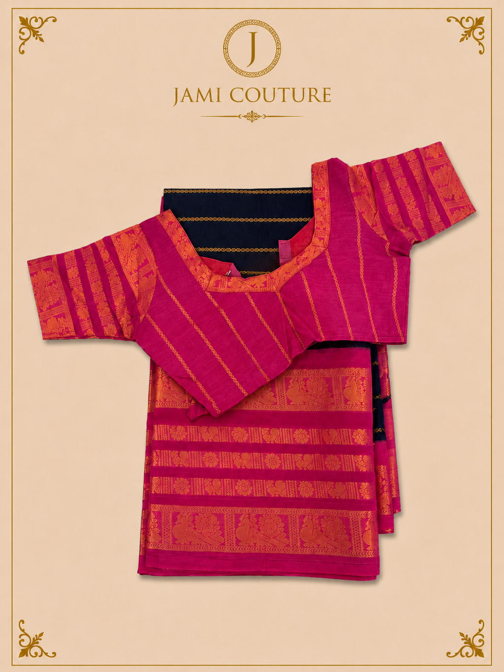 Magenta Pink & Brown Silk Cotton Saree with Golden Peacock Border | Ready-Stitched Blouse