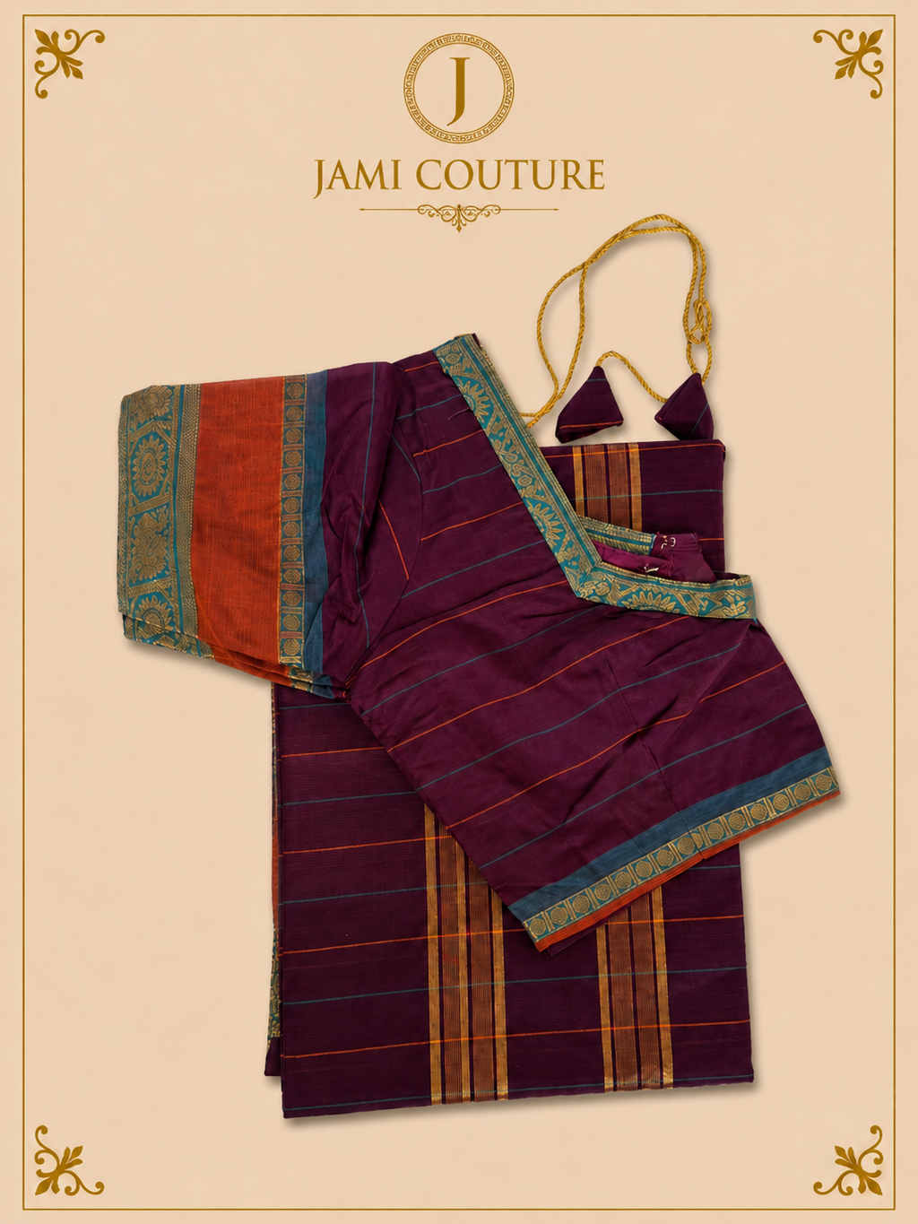 Aubergine Purple Silk Cotton Saree with Teal Sunburst Peacock Border | Ready-Stitched Blouse