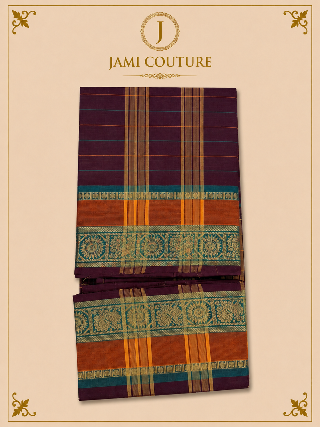 Aubergine Purple Silk Cotton Saree with Teal Sunburst Peacock Border | Ready-Stitched Blouse